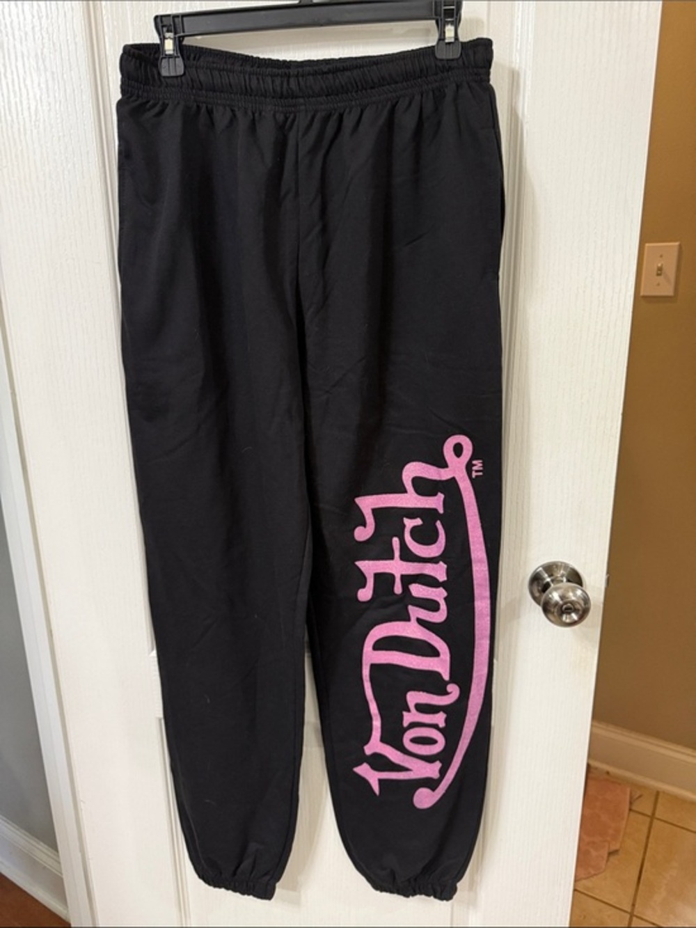 Von Dutch Black Thin Sweatpants/Joggers with Pink Script Logo NWOT